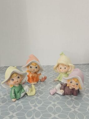 Set of 4 Vtg HOMCO Pastel Elf Figurines - Green, Orange, Yellow, Purple